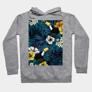 Toucans amd tropical flora, blue , yellow , orange and white Hoodie